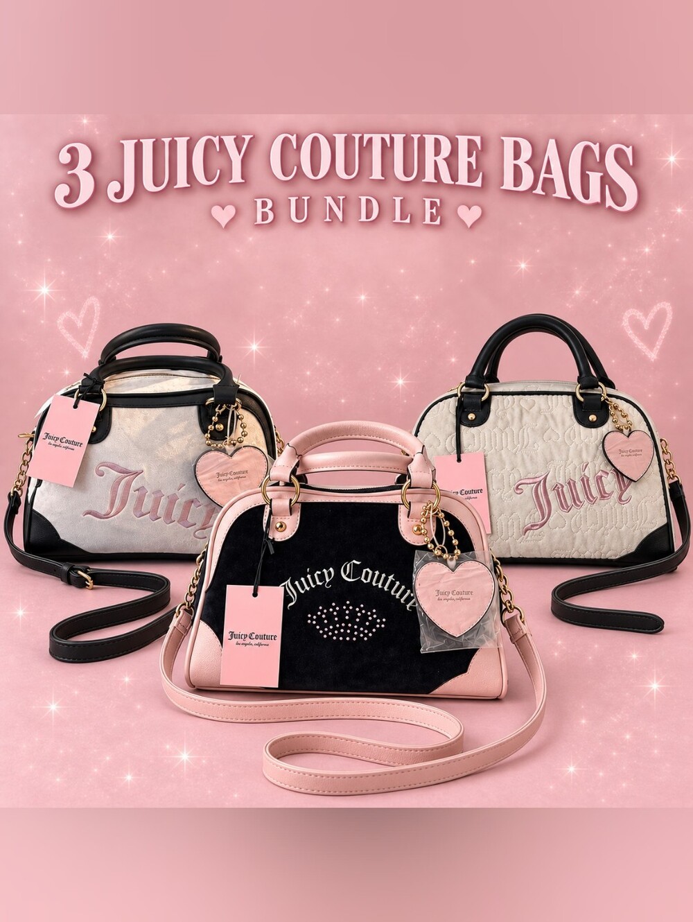 Juicy Couture Pink, Black & Cream Three-Piece Satchel Set